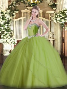 Decent Olive Green Ball Gowns Sweetheart Sleeveless Tulle Brush Train Lace Up Beading 15 Quinceanera Dress
