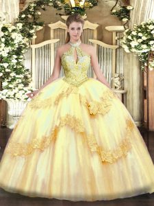 Clearance Gold Sleeveless Floor Length Appliques and Sequins Lace Up Quince Ball Gowns