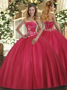  Red Quinceanera Dress Military Ball and Sweet 16 and Quinceanera with Beading Strapless Sleeveless Lace Up