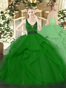  Dark Green Sleeveless Beading and Ruffles Floor Length 15 Quinceanera Dress