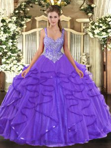 Fitting Lavender Tulle Lace Up Sweet 16 Dresses Sleeveless Floor Length Beading and Ruffles
