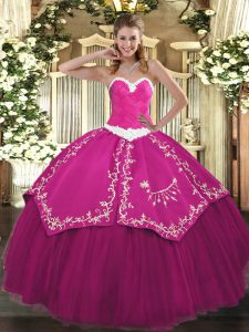 Classical Fuchsia Sleeveless Floor Length Appliques and Embroidery Lace Up Quince Ball Gowns