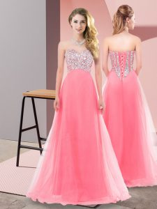  Watermelon Red Empire Sweetheart Sleeveless Tulle Floor Length Lace Up Beading Dress for Prom