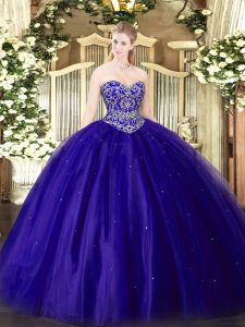 Fashionable Blue Ball Gowns Sweetheart Sleeveless Tulle Floor Length Lace Up Beading Sweet 16 Dress