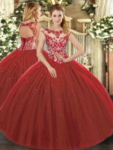  Scoop Cap Sleeves Quinceanera Gowns Floor Length Beading and Appliques Wine Red Tulle