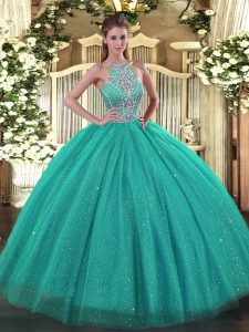  Turquoise Ball Gowns Halter Top Sleeveless Tulle Floor Length Lace Up Beading Quinceanera Gowns