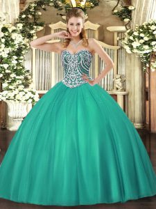 Trendy Ball Gowns Quinceanera Dresses Turquoise Sweetheart Tulle Sleeveless Floor Length Lace Up