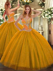 Stylish Sweetheart Sleeveless Lace Up Quinceanera Gowns Gold Tulle