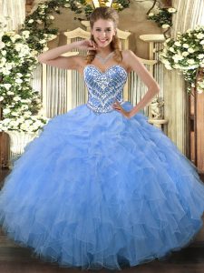  Floor Length Side Zipper Vestidos de Quinceanera Aqua Blue for Military Ball and Sweet 16 and Quinceanera with Beading and Ruffles