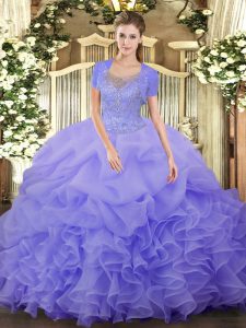  Lavender Sleeveless Floor Length Beading and Ruffled Layers Clasp Handle Quinceanera Dress