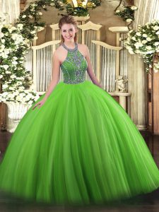 Glamorous Floor Length Green Quinceanera Dresses Halter Top Sleeveless Lace Up