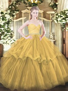 Sleeveless Tulle Brush Train Zipper Ball Gown Prom Dress in Gold with Beading and Lace and Ruffled Layers