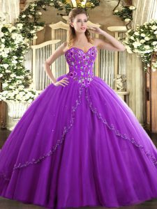  Eggplant Purple Sweetheart Lace Up Appliques and Embroidery Sweet 16 Quinceanera Dress Brush Train Sleeveless