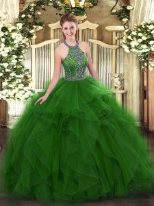 Lovely Green Lace Up Quince Ball Gowns Beading and Ruffles Sleeveless Floor Length