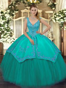 Decent Beading and Embroidery Quince Ball Gowns Turquoise Zipper Sleeveless Floor Length