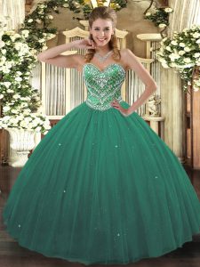 Flare Floor Length Lace Up Sweet 16 Quinceanera Dress Turquoise for Military Ball and Sweet 16 and Quinceanera with Beading