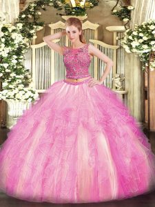 Ideal Floor Length Rose Pink Quinceanera Dress Scoop Sleeveless Lace Up