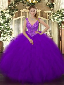 Sexy V-neck Sleeveless Quince Ball Gowns Floor Length Beading and Ruffles Purple Tulle