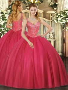 Exceptional Floor Length Red Quinceanera Dresses Tulle Sleeveless Beading