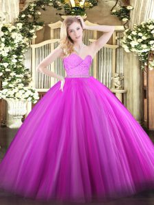 Fashionable Floor Length Zipper Sweet 16 Dress Fuchsia for Military Ball and Sweet 16 and Quinceanera with Beading and Lace