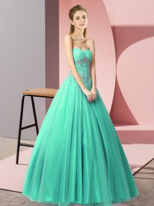 Amazing Turquoise A-line Tulle Sweetheart Sleeveless Beading Floor Length Lace Up Prom Dress