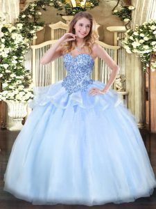 Great Floor Length Lace Up Ball Gown Prom Dress Light Blue for Sweet 16 and Quinceanera with Appliques