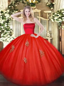  Red Sleeveless Appliques Floor Length 15th Birthday Dress