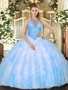 On Sale Baby Blue Sleeveless Organza Lace Up Quinceanera Dress for Military Ball and Sweet 16 and Quinceanera