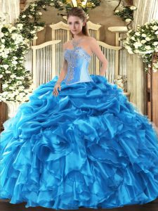  Floor Length Lace Up 15 Quinceanera Dress Baby Blue for Military Ball and Sweet 16 and Quinceanera with Beading and Ruffles and Pick Ups