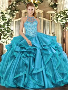  Floor Length Ball Gowns Sleeveless Teal Ball Gown Prom Dress Lace Up