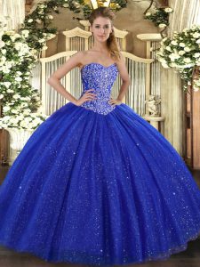 Ideal Royal Blue Tulle Lace Up Sweetheart Sleeveless Floor Length Vestidos de Quinceanera Beading