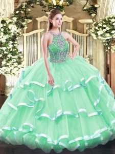  Apple Green Tulle Lace Up Halter Top Sleeveless Floor Length Quinceanera Dress Beading and Ruffled Layers