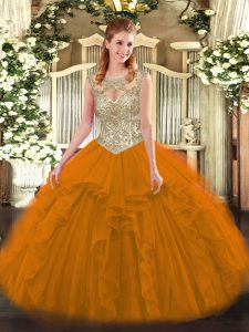 Inexpensive Orange Red Sleeveless Beading and Ruffles Floor Length Sweet 16 Dresses