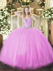 Dramatic Floor Length Lace Up Quinceanera Dress Lilac for Military Ball and Sweet 16 and Quinceanera with Beading