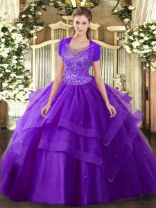 Free and Easy Purple Tulle Clasp Handle Scoop Sleeveless Floor Length Quinceanera Dress Beading and Ruffles