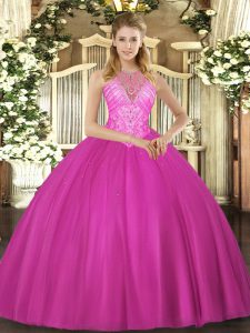  Floor Length Ball Gowns Sleeveless Fuchsia Quince Ball Gowns Lace Up