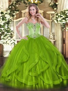 Elegant Olive Green Ball Gowns Organza Sweetheart Sleeveless Beading and Ruffles Lace Up Quinceanera Gowns