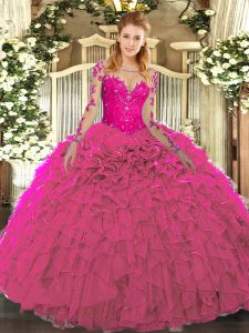 High Class Fuchsia Scoop Neckline Lace and Ruffles Sweet 16 Quinceanera Dress Long Sleeves Lace Up