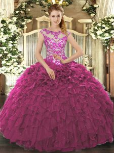  Scoop Cap Sleeves Organza Ball Gown Prom Dress Beading and Appliques and Ruffles Lace Up