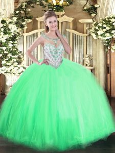 Fashionable Floor Length Apple Green Sweet 16 Quinceanera Dress Tulle Sleeveless Beading