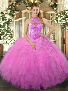 High End Floor Length Rose Pink 15 Quinceanera Dress Halter Top Sleeveless Lace Up