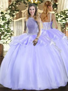  Lavender Organza Lace Up Quinceanera Dress Sleeveless Floor Length Beading