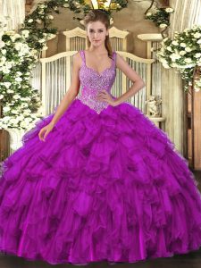  Purple Organza Lace Up Quinceanera Dress Sleeveless Floor Length Beading and Ruffles