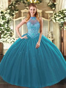 Hot Sale Teal Halter Top Lace Up Beading and Embroidery 15 Quinceanera Dress Sleeveless