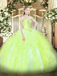 Flirting Yellow Green Ball Gowns Beading and Ruffles 15th Birthday Dress Lace Up Tulle Sleeveless Floor Length