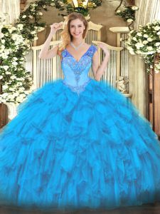 Graceful Sleeveless Organza Floor Length Lace Up Sweet 16 Dresses in Baby Blue with Beading and Ruffles