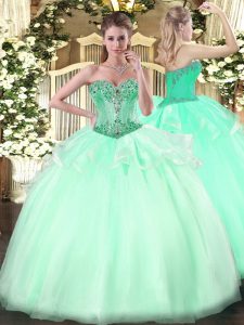  Floor Length Lace Up Vestidos de Quinceanera Apple Green for Sweet 16 and Quinceanera with Beading