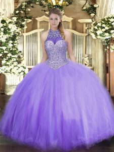  Lavender Lace Up Halter Top Beading 15 Quinceanera Dress Tulle Sleeveless