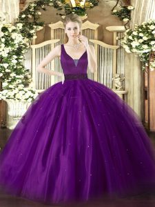  Ball Gowns Sweet 16 Dresses Purple Straps Tulle Sleeveless Floor Length Zipper