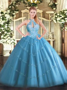  Sleeveless Tulle Floor Length Lace Up Quinceanera Dresses in Baby Blue with Beading